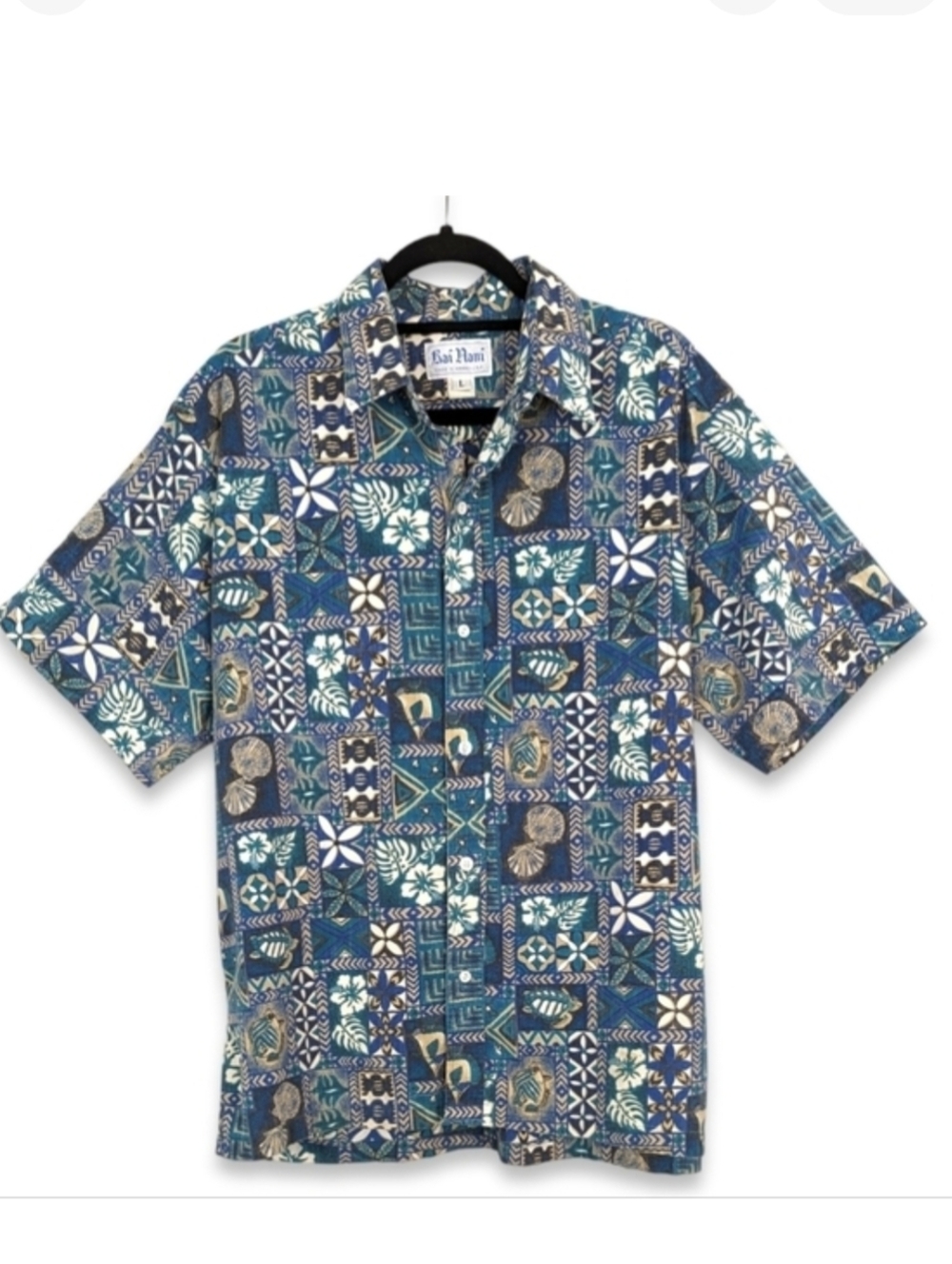 Vintage Rai Nani Hawaiian‎ Shirt Large Blue tan Aqua Tropical Island Aloha Mens